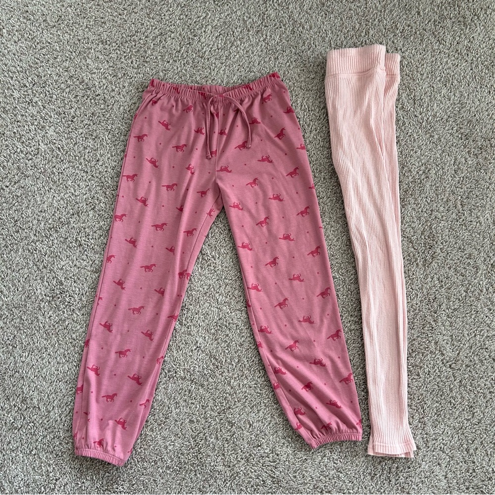 (2) girls pink pj & lounge pants size 10 ribbed leggings & GAP unicorn loose fit